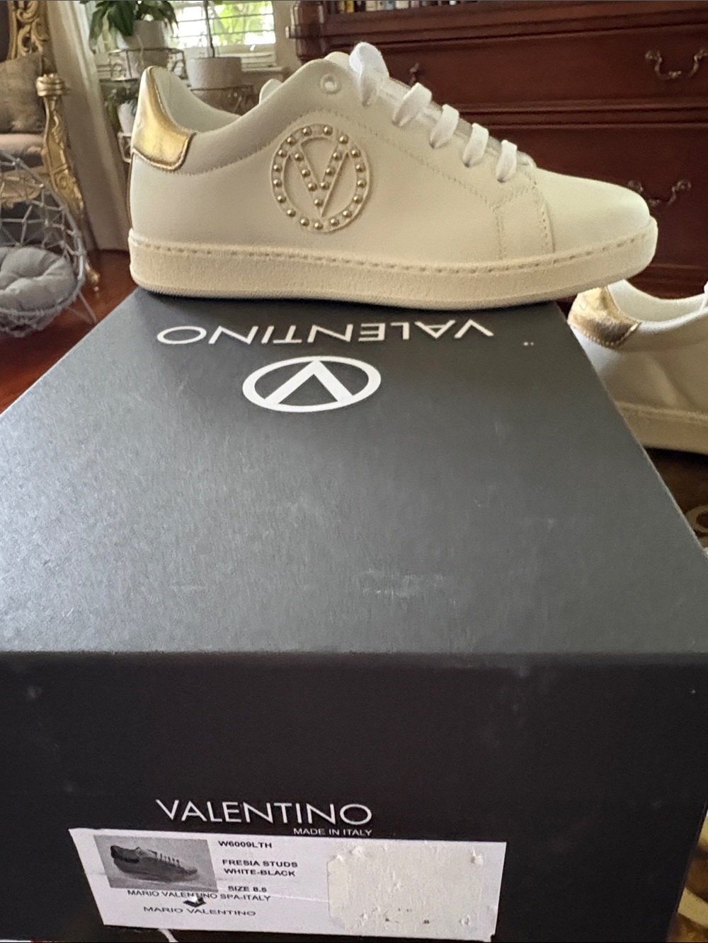 Valentino White Leather Sneakers with Gold Heel Tab and Stud Logo